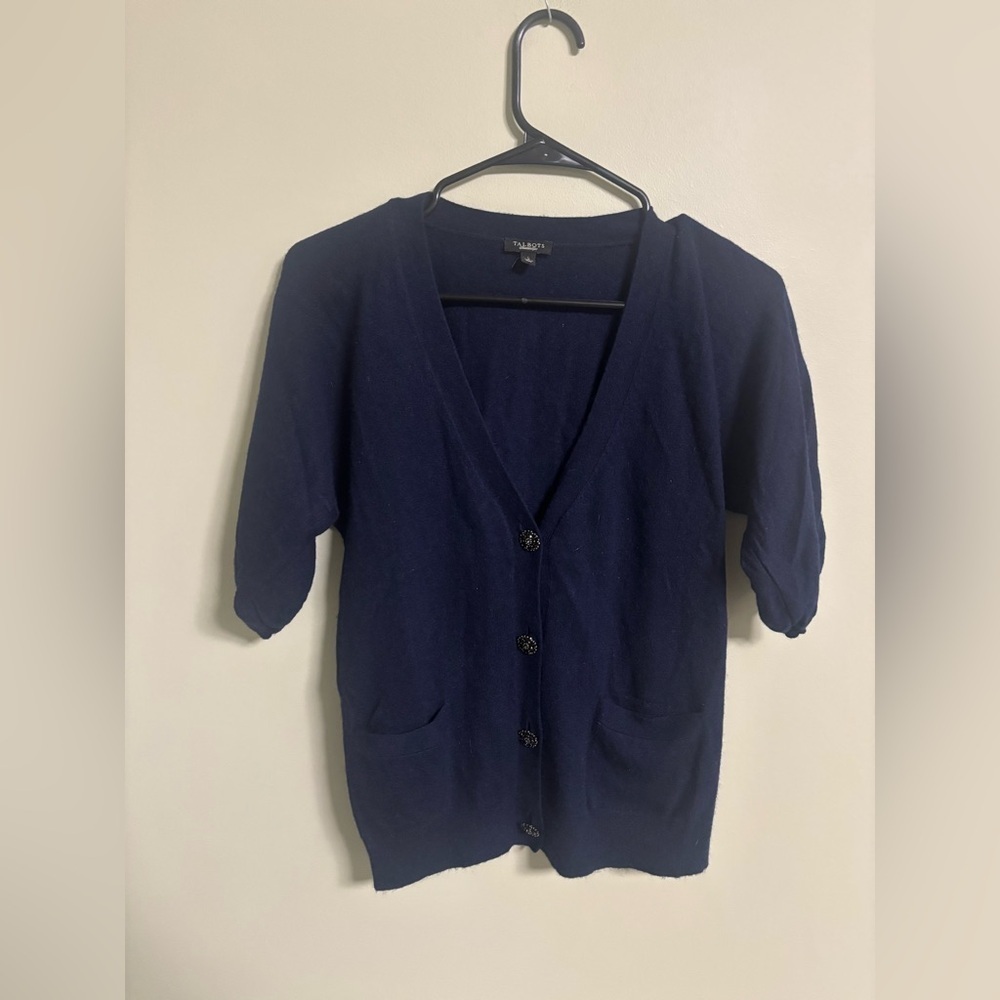 Talbots Jeweled Angora Cashmere Jeweled Short Sleeve Cardigan Sweater Size Small